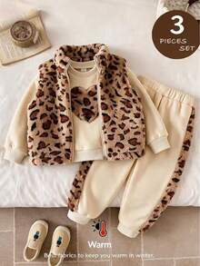 SHEIN 3pcs/Set Girls' Sweatshirt Jacket Set, Heart Embroidery Fleece Sweatshirt With Brown Purple Print Vest Patchwork Pants, Autumn/Winter 7th Birthday - Multicolor - View 12