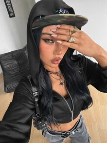 Coolane 女款秋冬萬聖節街頭風性感Y2K哥德龐克復古電音派對裝扮 蝴蝶鏤空刺繡拉鍊黑色修身衛衣上衣 - 黑色 - 查看 6