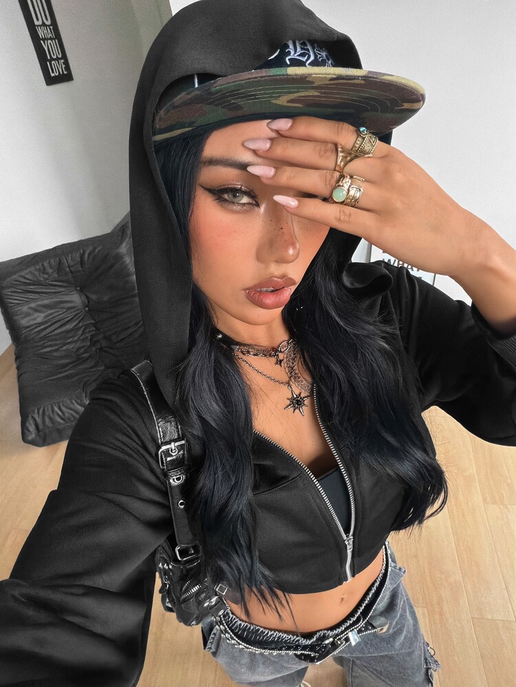 Coolane Pakaian Streetwear Wanita Musim Gugur/Dingin Halloween Seksi Y2k Goth Punk Vintage Rave Outfit Sweatshirt Hitam Pas Badan dengan Potongan Kupu-kupu Bordir dan Resleting Atasan Y2K - Hitam - View 5