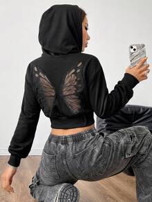 Coolane 女款秋冬萬聖節街頭風性感Y2K哥德龐克復古電音派對裝扮 蝴蝶鏤空刺繡拉鍊黑色修身衛衣上衣 - 黑色 - 查看 3