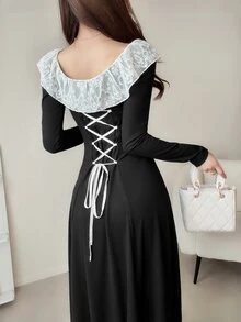 FRIFUL Women's Round Neck Contrast Lace Back Tie Cinched Waist Elegant Vintage Goth Long Sleeve Dress Halloween Party Night Dinner Black And Beige Fall - Black - View 8