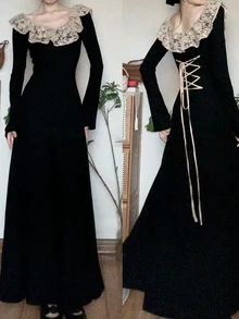 FRIFUL Women's Round Neck Contrast Lace Back Tie Cinched Waist Elegant Vintage Goth Long Sleeve Dress Halloween Party Night Dinner Black And Beige Fall - Black - View 1