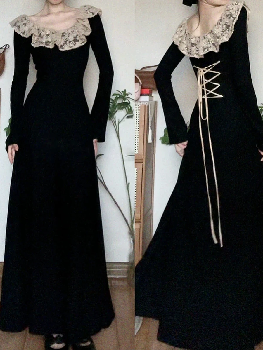 FRIFUL Women's Round Neck Contrast Lace Back Tie Cinched Waist Elegant Vintage Goth Long Sleeve Dress Halloween Party Night Dinner Black And Beige Fall - Black - View 1