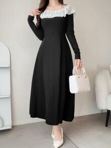 FRIFUL Women's Round Neck Contrast Lace Back Tie Cinched Waist Elegant Vintage Goth Long Sleeve Dress Halloween Party Night Dinner Black And Beige Fall - Black - View 6