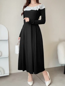 FRIFUL Women's Round Neck Contrast Lace Back Tie Cinched Waist Elegant Vintage Goth Long Sleeve Dress Halloween Party Night Dinner Black And Beige Fall - Black - View 5