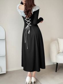 FRIFUL Women's Round Neck Contrast Lace Back Tie Cinched Waist Elegant Vintage Goth Long Sleeve Dress Halloween Party Night Dinner Black And Beige Fall - Black - View 7