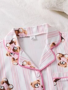 Tween Girls Pajamas, Spring/Autumn Fashion Cute Striped Bear Print Contrast Color Piping Design Lapel Front Button Long Sleeve Long Pants 2-Piece Set, - Baby Pink - View 3