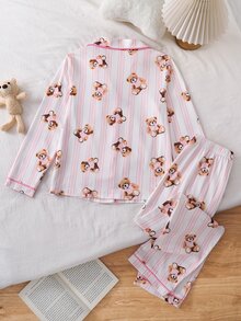 Tween Girls Pajamas, Spring/Autumn Fashion Cute Striped Bear Print Contrast Color Piping Design Lapel Front Button Long Sleeve Long Pants 2-Piece Set, - Baby Pink - View 2