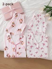 Tween Girls Pajamas, Spring/Autumn Fashion Cute Striped Bear Print Contrast Color Piping Design Lapel Front Button Long Sleeve Long Pants 2-Piece Set, - Baby Pink - View 1