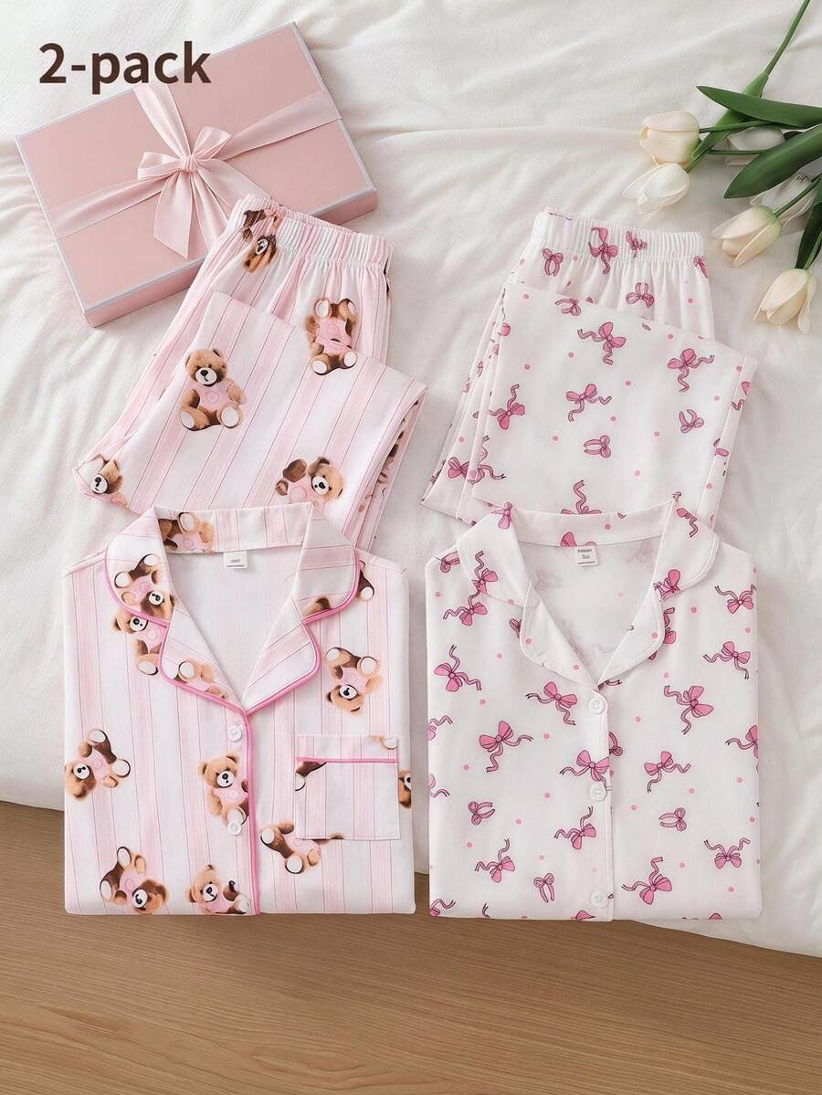 Tween Girls Pajamas, Spring/Autumn Fashion Cute Striped Bear Print Contrast Color Piping Design Lapel Front Button Long Sleeve Long Pants 2-Piece Set, - Baby Pink - View 1