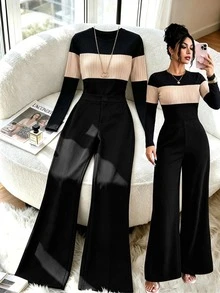 SHEIN Women's Colorblock Long Sleeve Crew Neck T-Shirt And Pocket Pants 2 Pieces Set - Black - View 7
