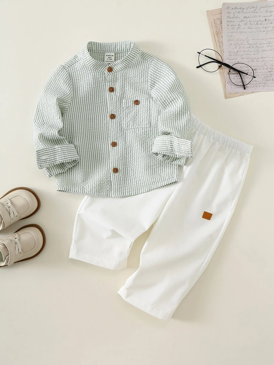 SHEIN 2件組兒童青少年男孩秋冬休閒綠色條紋立領長袖襯衫與白色休閒長褲套裝,適合通勤、上學、日常休閒穿著、旅行、運動,秋冬季節適用 - 綠色 - 查看 1