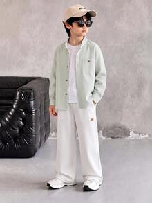 SHEIN 2件組兒童青少年男孩秋冬休閒綠色條紋立領長袖襯衫與白色休閒長褲套裝，適合通勤、上學、日常休閒穿著、旅行、運動，秋冬季節適用 - 綠色 - 查看 2