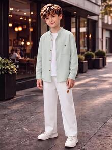 SHEIN 2件組兒童青少年男孩秋冬休閒綠色條紋立領長袖襯衫與白色休閒長褲套裝，適合通勤、上學、日常休閒穿著、旅行、運動，秋冬季節適用 - 綠色 - 查看 3