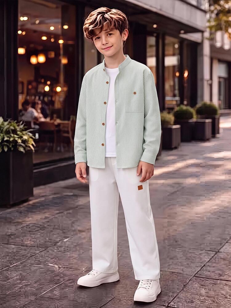 SHEIN 2pcs Kids Tween Boy Autumn/Winter Casual Green Striped Long Sleeve Shirt With Stand Collar And White Casual Trousers Suit, Long Sleeve Shirt Set Suitable For Commuting, School, Daily Casual Wear, Travel, Sports, Autumn/Winter Season - Green - View 1