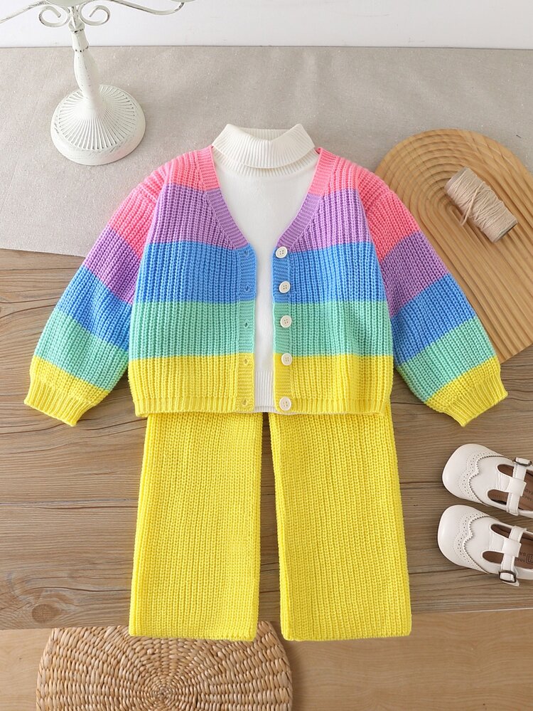 Girls Rainbow Color Block V-Neck Button Cardigan + White Straight Leg Pants Casual Baby Princess Outfit, Thick Soft Fabric, Mommy And Me Autumn - Multicolor - View 2