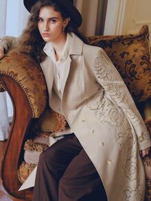 Anewsta Jaket Trench Coat Lengan Panjang Wanita Terbaru untuk Musim Gugur/Dingin dengan Bordir, Pakaian Musim Dingin - Aprikot - View 8