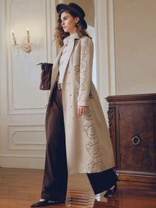 Anewsta Jaket Trench Coat Lengan Panjang Wanita Terbaru untuk Musim Gugur/Dingin dengan Bordir, Pakaian Musim Dingin - Aprikot - View 7