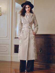 Anewsta Jaket Trench Coat Lengan Panjang Wanita Terbaru untuk Musim Gugur/Dingin dengan Bordir, Pakaian Musim Dingin - Aprikot - View 6