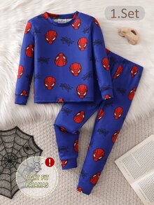 SHEIN 1套男童幼兒萬聖節蜘蛛網太空人遊戲圖案長袖上衣與長褲舒適柔軟針織修身秋冬睡衣 - 藏蓝色 - 查看 3