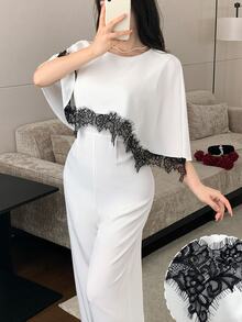Modelyn Elegant Lace Patchwork Cape Jumpsuit For Women, Sophisticated And Fashionable - Black and White - View 4