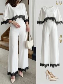 Modelyn Elegant Lace Patchwork Cape Jumpsuit For Women, Sophisticated And Fashionable - Black and White - View 2