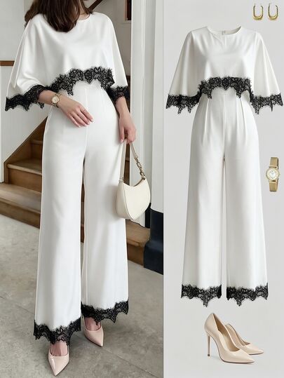 Modelyn Elegant Lace Patchwork Cape Jumpsuit For Women, Sophisticated And Fashionable
