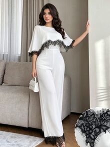Modelyn Elegant Lace Patchwork Cape Jumpsuit For Women, Sophisticated And Fashionable - Black and White - View 3