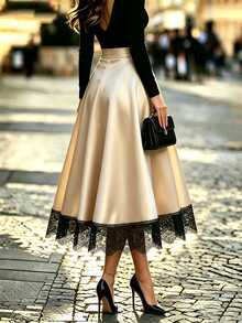 Balvessa Contrast Lace Hem PU Leather Skirt - Champagne - View 2