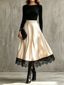Balvessa Contrast Lace Hem PU Leather Skirt - Champagne - View 5