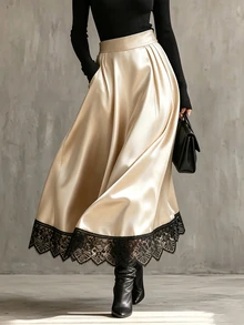 Balvessa Contrast Lace Hem PU Leather Skirt - Champagne - View 1