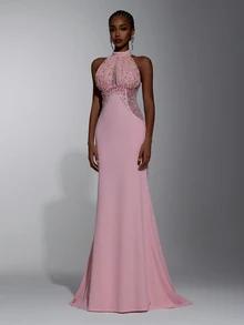 Elitara Elegant Sexy Blush Pink Lace Beaded Embroidered High Neck Halter Sheer Pearl Bodycon Mermaid Floor Length Evening Gown Formal Wedding Fall - Dusty Pink - View 7