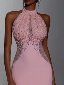 Elitara Elegant Sexy Blush Pink Lace Beaded Embroidered High Neck Halter Sheer Pearl Bodycon Mermaid Floor Length Evening Gown Formal Wedding Fall - Dusty Pink - View 8