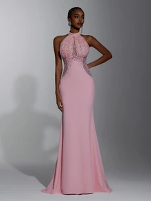 Elitara Elegant Sexy Blush Pink Lace Beaded Embroidered High Neck Halter Sheer Pearl Bodycon Mermaid Floor Length Evening Gown Formal Wedding Fall - Dusty Pink - View 6