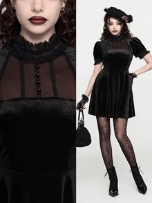ROMWE Goth 女款迷你短洋裝 哥德宮廷風 泡泡袖 黑色蕾絲領 透視網紗 可愛精緻 - 黑色 - 查看 9
