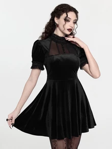 ROMWE Goth 女款迷你短洋裝 哥德宮廷風 泡泡袖 黑色蕾絲領 透視網紗 可愛精緻 - 黑色 - 查看 5