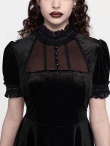 ROMWE Goth 女款迷你短洋裝 哥德宮廷風 泡泡袖 黑色蕾絲領 透視網紗 可愛精緻 - 黑色 - 查看 4