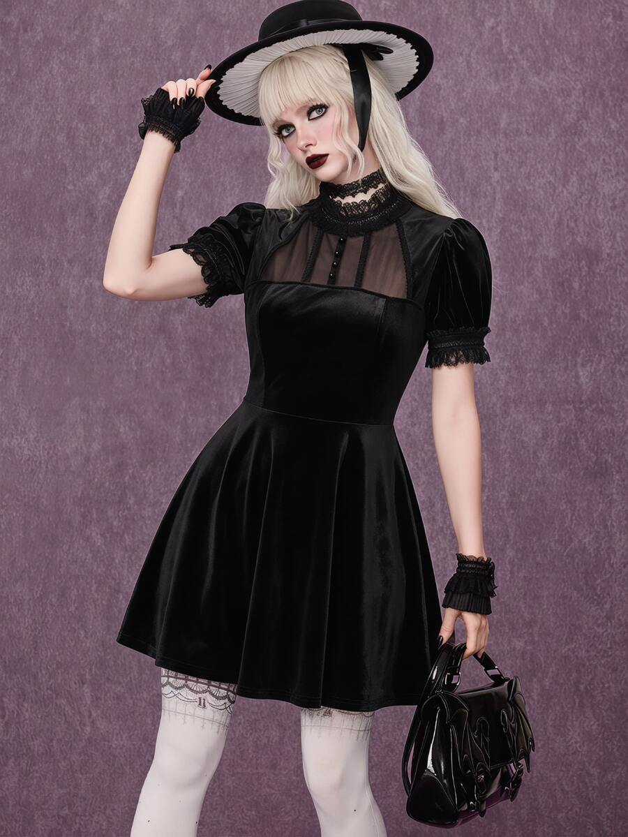 ROMWE Goth 女款迷你短洋裝 哥德宮廷風 泡泡袖 黑色蕾絲領 透視網紗 可愛精緻 - 黑色 - 查看 1