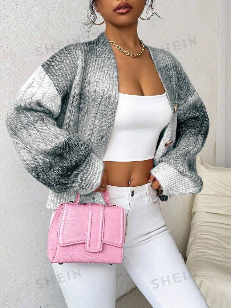 EMERY ROSE Cardigan Wanita Lengan Panjang Campuran Mohair Bermotif, Gradien Abu-abu, Pakaian Lapisan Minimalis dan Chic untuk Tempat Kerja, Jalan-jalan & Perjalanan, Musim Gugur/Dingin - Grey - View 5
