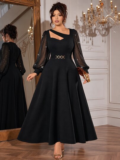 Cravure Vestido largo de talla grande para otoño/invierno, elegante y de moda, de gasa con lentejuelas y patchwork de punto, con hombro asimétrico, calado, mangas farol de gasa con lentejuelas, cintura ceñida con cadena metálica decorativa y bajo en línea A, para fiesta, oficina, noche y cita