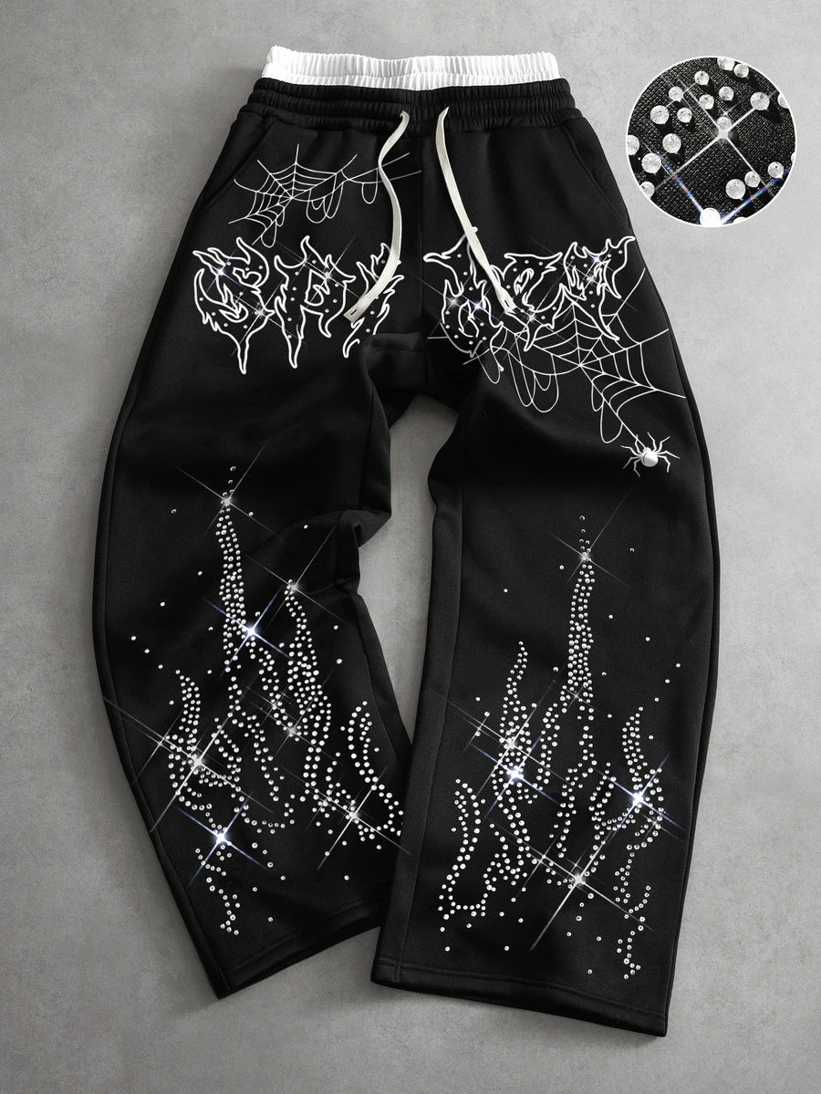 PAVTROS Men's Rhinestone Flame Drawstring Waist Pocket Loose Sweatpants Halloween Going Out Party Black And White Autumn Winter Y2k Streetwear - Black - View 1