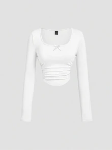 SHEIN MOD 3PCS Women Square Neck Bow Ruched Cropped T-Shirts - Multicolor - View 7
