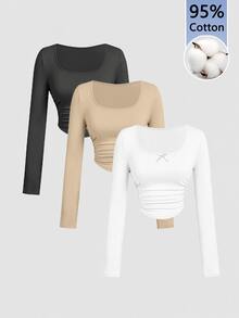 SHEIN MOD 3PCS Women Square Neck Bow Ruched Cropped T-Shirts - Multicolor - View 1