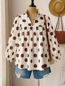 Rusticease Plus Size Polka Dot Print Stand Collar Shirt Office Vacation Club Autumn Elegant Fall - Multicolor - View 3