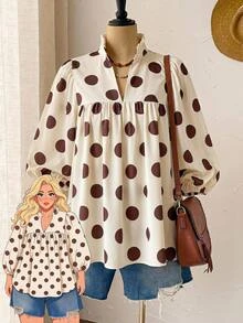Rusticease Plus Size Polka Dot Print Stand Collar Shirt Office Vacation Club Autumn Elegant Fall - Multicolor - View 1