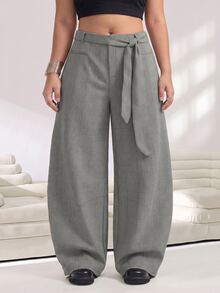 Solflare New Plus Size Women's Gray Plaid Cotton-Feel Woven Barrel-Leg Suit Pants For Fall/Winter, Office, Commute, Dates & Back To School - Multicolor - View 5