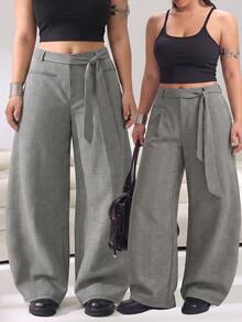 Solflare New Plus Size Women's Gray Plaid Cotton-Feel Woven Barrel-Leg Suit Pants For Fall/Winter, Office, Commute, Dates & Back To School - Multicolor - View 2