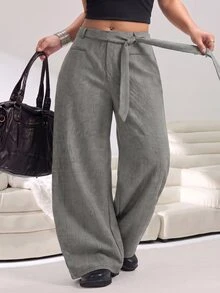 Solflare New Plus Size Women's Gray Plaid Cotton-Feel Woven Barrel-Leg Suit Pants For Fall/Winter, Office, Commute, Dates & Back To School - Multicolor - View 7