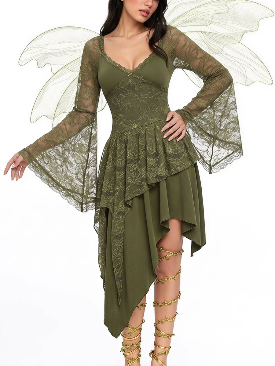 ROMWE Fairycore Sweetheart Neck Contrast Lace Asymmetrical Hem Dress - Army Green - View 1