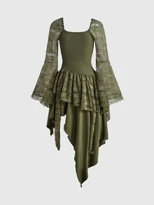 ROMWE Fairycore Sweetheart Neck Contrast Lace Asymmetrical Hem Dress - Army Green - View 2